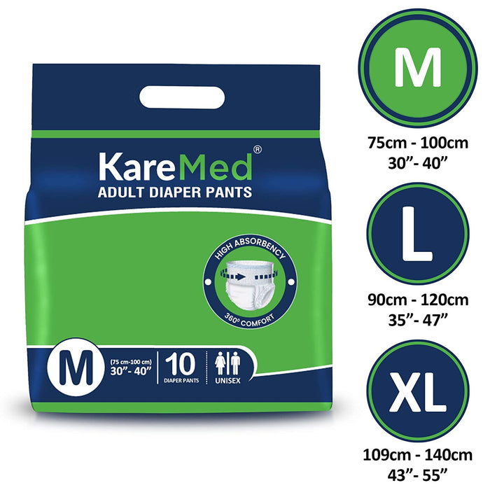 KareMed Adult Diaper Pants for Incontinence, Medium, Waist Size 75-100 cm (30"-40")-Pack of 1 (10 Count), white, m